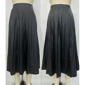 Pure Color Winter Mid Length Leather Pleated Skirts